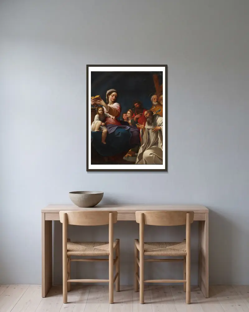 Madonna and Child with Saints av Ludovico Carracci inramad på en vägg