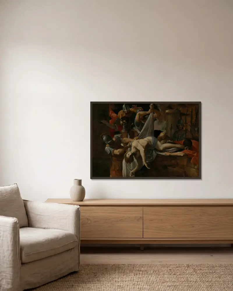 St. Sebastian Thrown Into The Cloaca Maxima av Ludovico Carracci inramad på en vägg