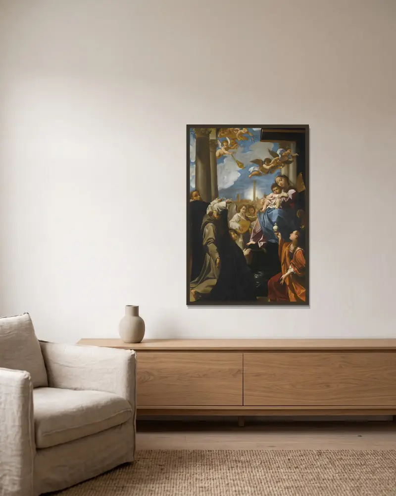 The Madonna And Child Enthroned With Angels, Saint Dominic, Saint Francis, The Magdalene, And A Female Donor; The ‘bargellini Madonna’ av Ludovico Carracci inramad på en vägg