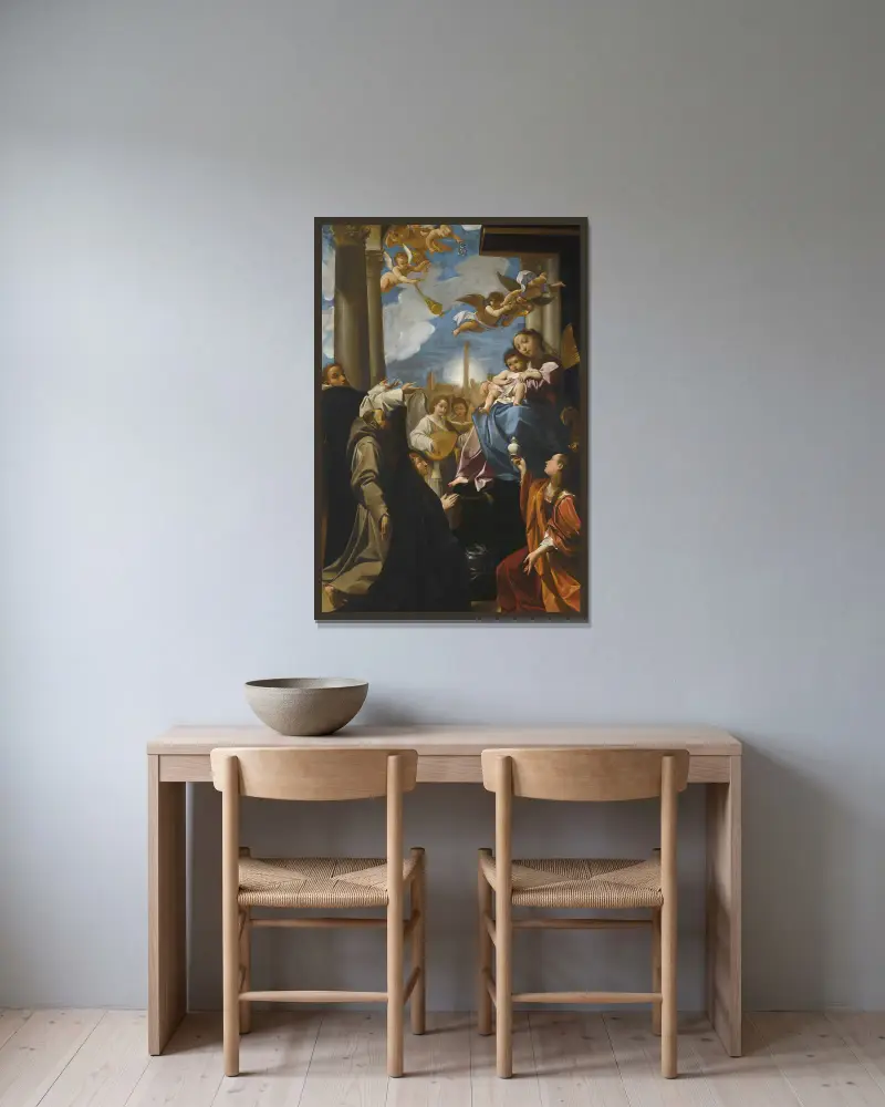 The Madonna And Child Enthroned With Angels, Saint Dominic, Saint Francis, The Magdalene, And A Female Donor; The ‘bargellini Madonna’ av Ludovico Carracci inramad på en vägg