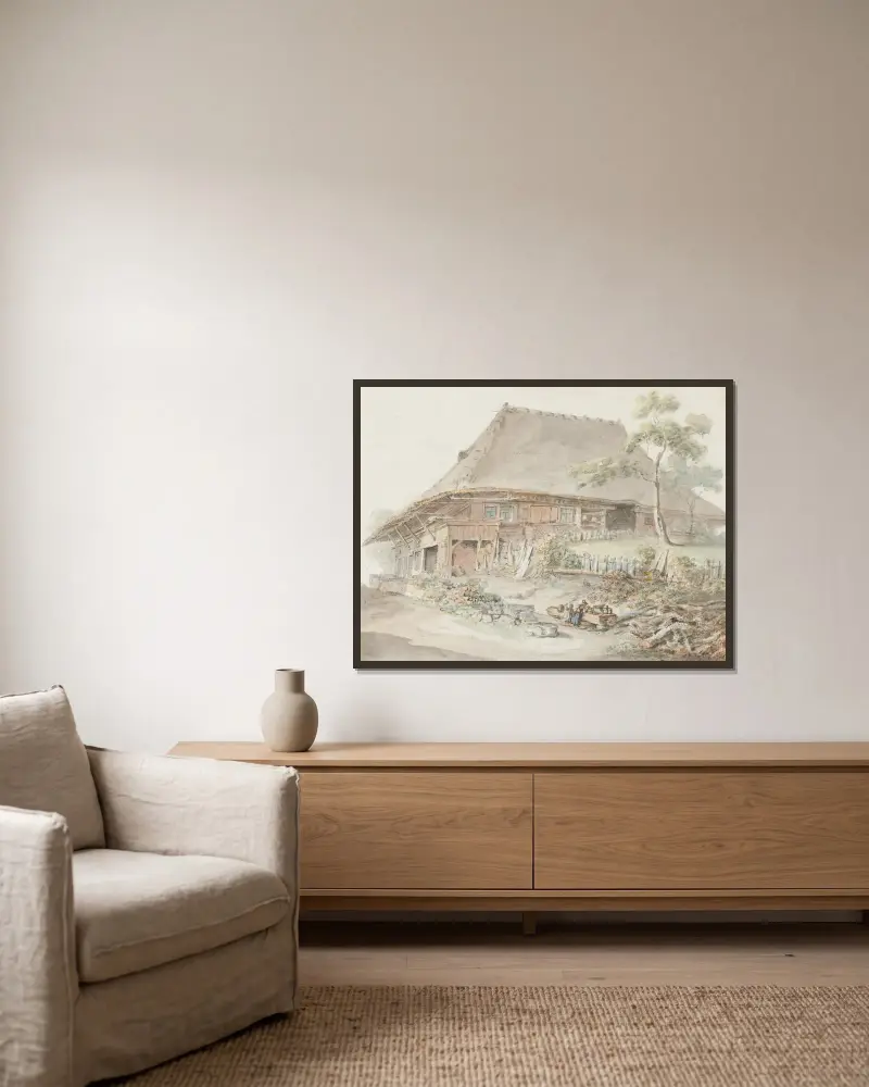 Bauernhaus im Berner Mittelland – Nr. 1 von Johann Ludwig Aberli gerahmt an einer Wand