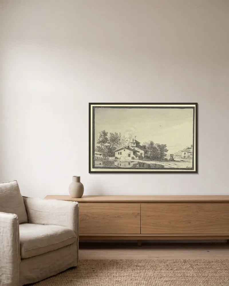 Bondgård, omgiven av träd, vid en damm av Johann Ludwig Aberli inramad på en vägg
