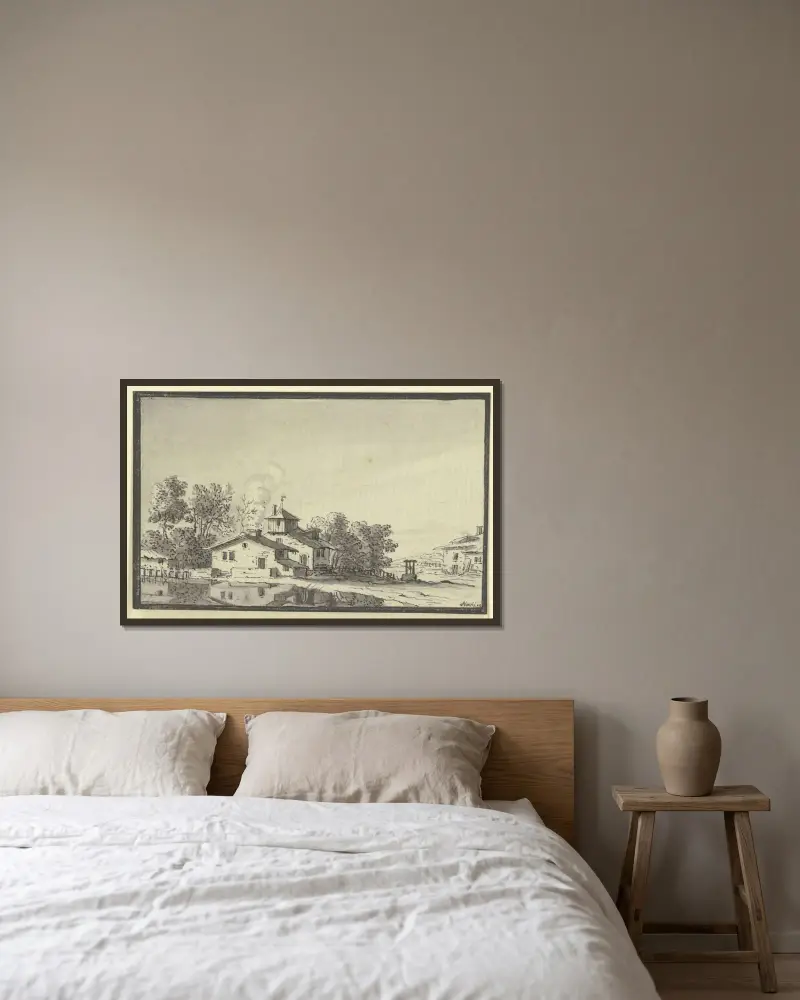 Bondgård, omgiven av träd, vid en damm av Johann Ludwig Aberli inramad på en vägg