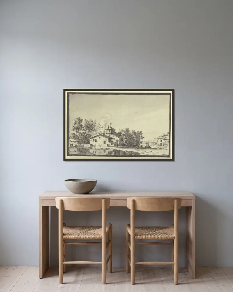 Bondgård, omgiven av träd, vid en damm av Johann Ludwig Aberli inramad på en vägg