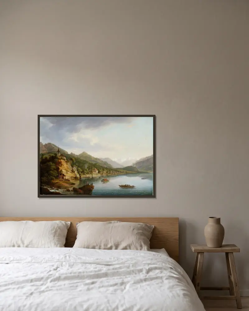 Brienz och Brienzsjön av Johann Ludwig Aberli inramad på en vägg