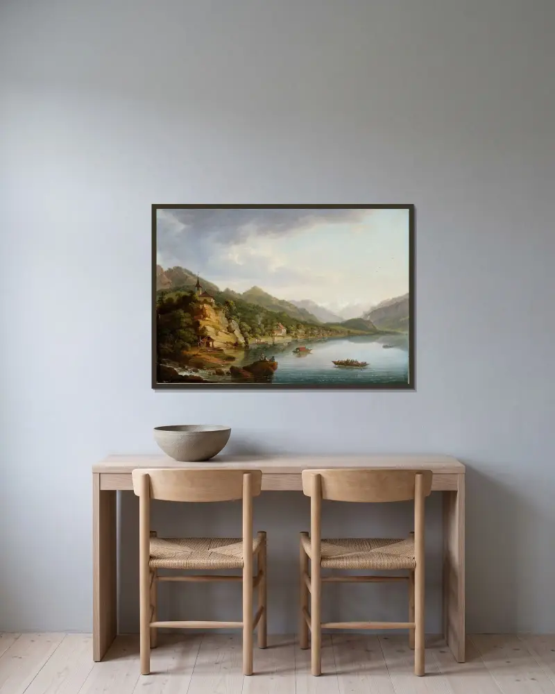 Brienz och Brienzsjön av Johann Ludwig Aberli inramad på en vägg