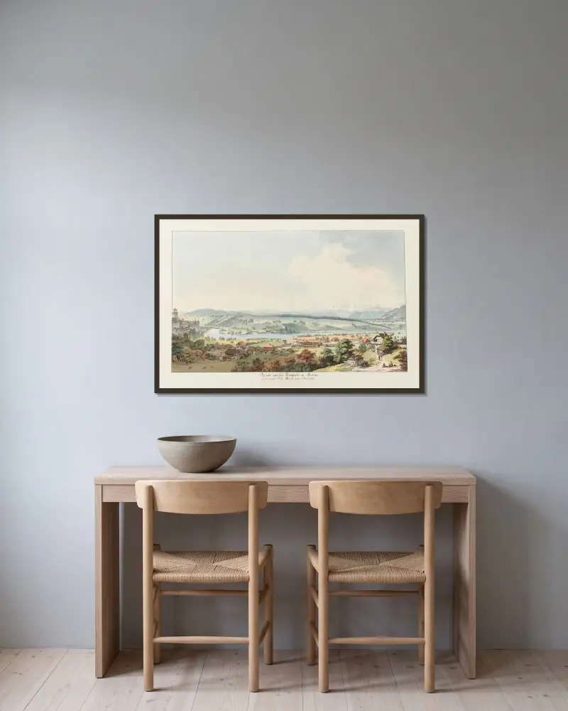 Teckning från stadsmuren i Bern av Johann Ludwig Aberli inramad på en vägg