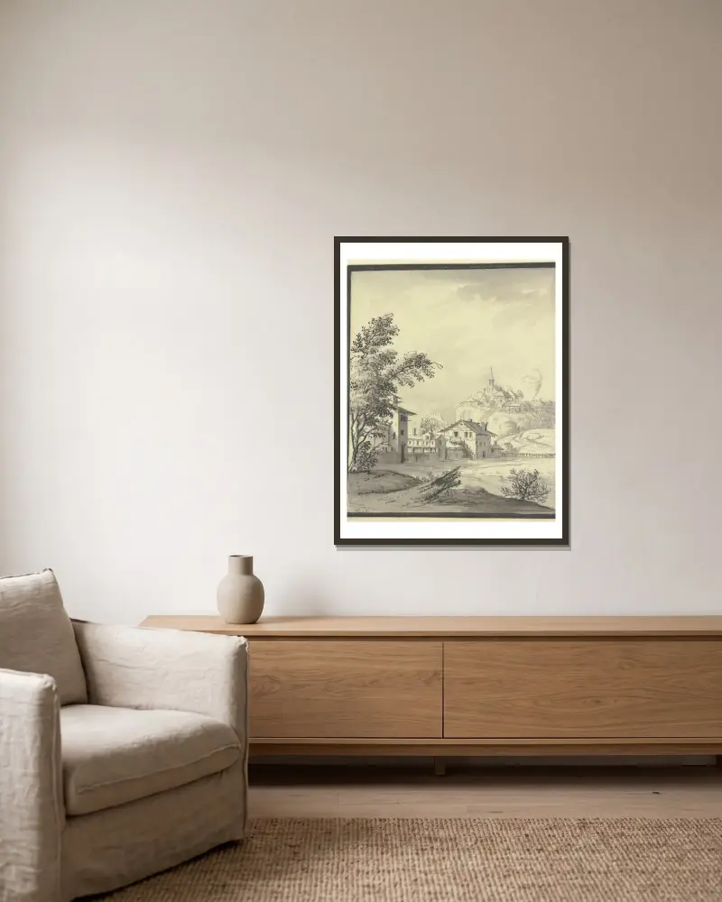 Häuser an einer Wiese von Johann Ludwig Aberli gerahmt an einer Wand