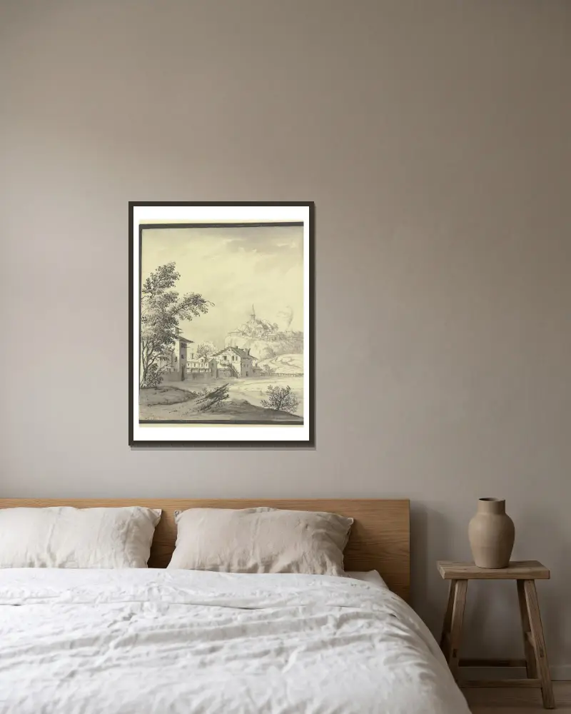 Häuser an einer Wiese von Johann Ludwig Aberli gerahmt an einer Wand
