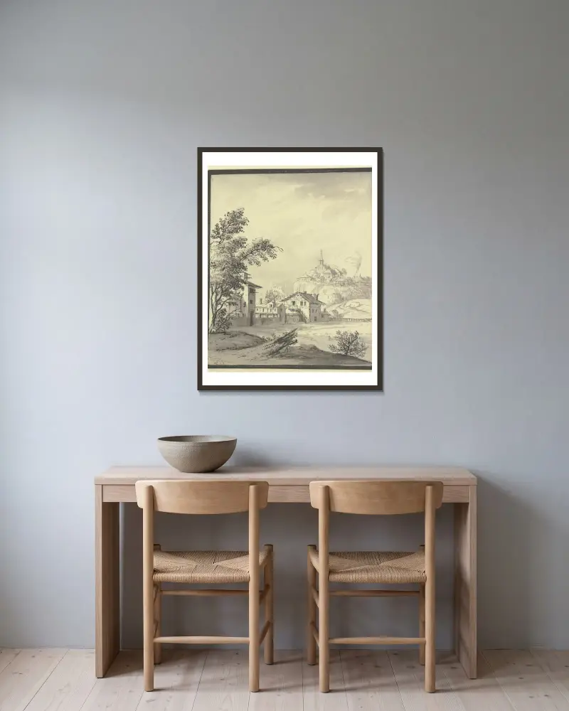 Häuser an einer Wiese von Johann Ludwig Aberli gerahmt an einer Wand