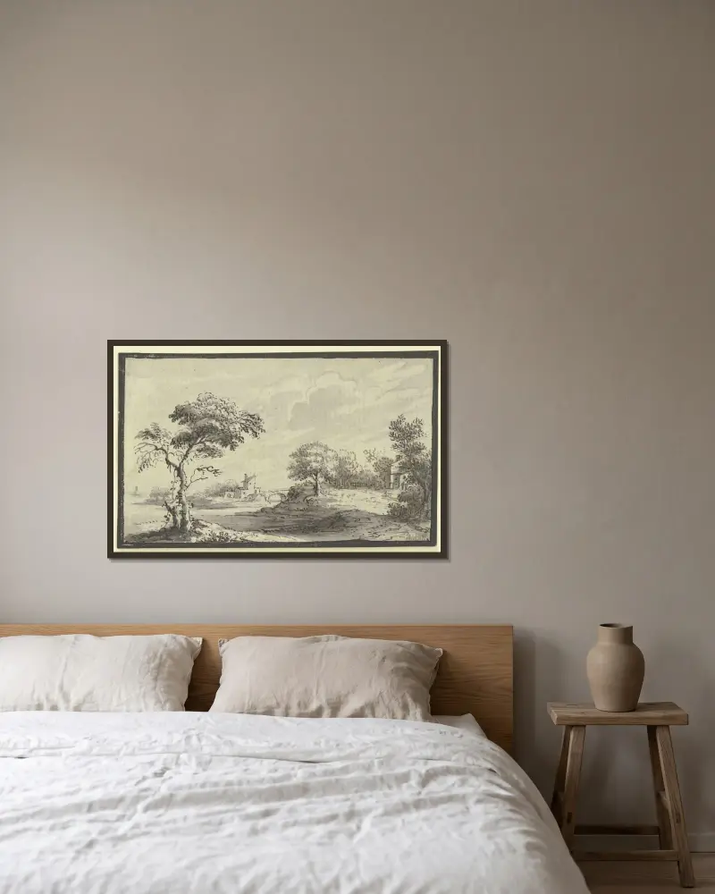Kuperat landskap med flod, träd och hus av Johann Ludwig Aberli inramad på en vägg