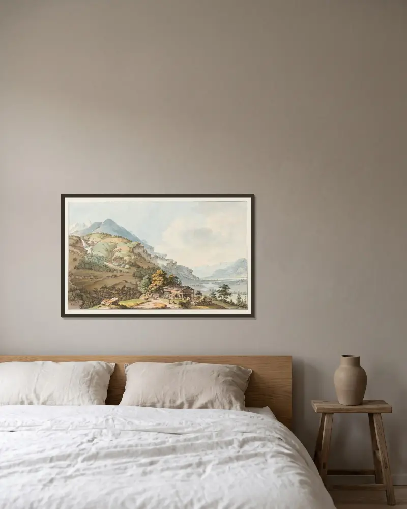 La Vallée Oberhasli av Johann Ludwig Aberli inramad på en vägg