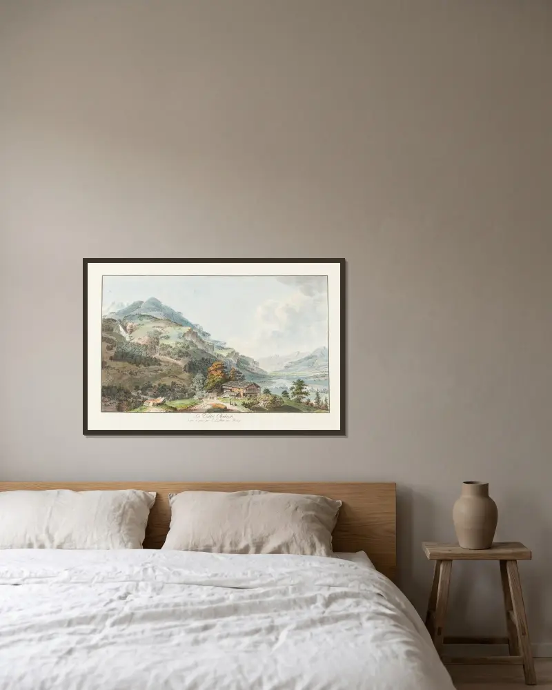 La Vallée Oberhasli av Johann Ludwig Aberli inramad på en vägg