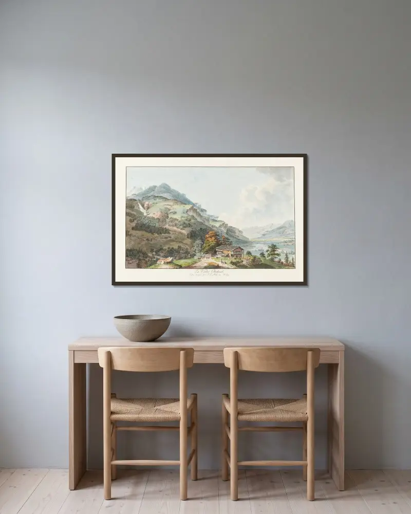 La Vallée Oberhasli av Johann Ludwig Aberli inramad på en vägg