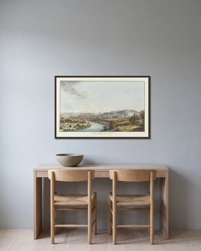 Staden Bern från norr av Johann Ludwig Aberli inramad på en vägg