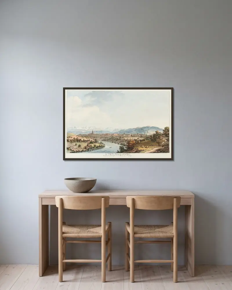 Staden Bern från norr av Johann Ludwig Aberli inramad på en vägg