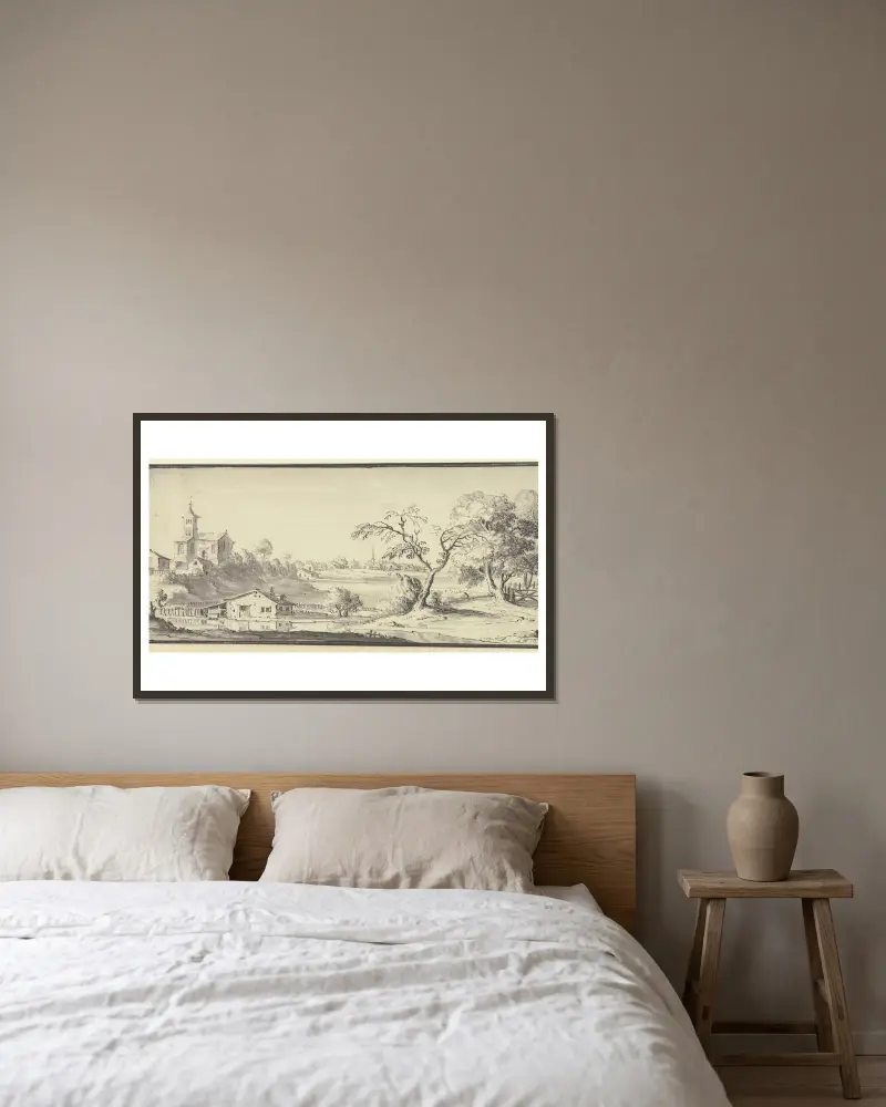Landschaft mit einem Fluss von Johann Ludwig Aberli gerahmt an einer Wand