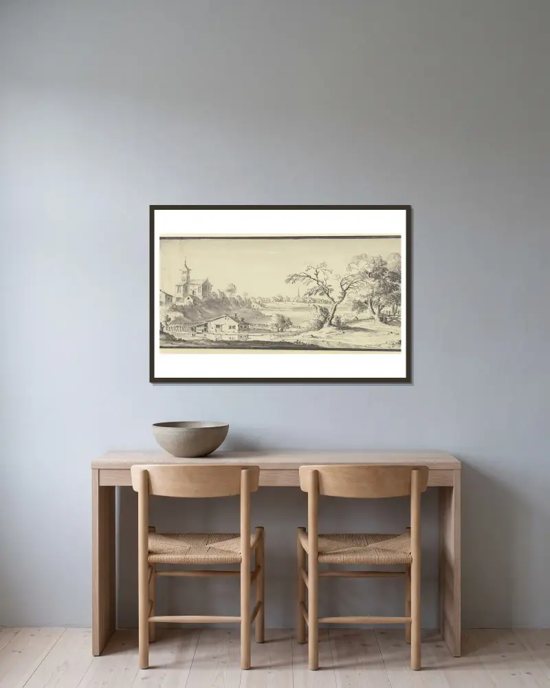 Landschaft mit einem Fluss von Johann Ludwig Aberli gerahmt an einer Wand