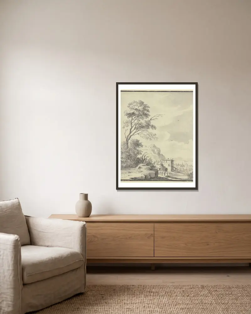 Landschaft mit einem Haus mit Turm av Johann Ludwig Aberli inramad på en vägg
