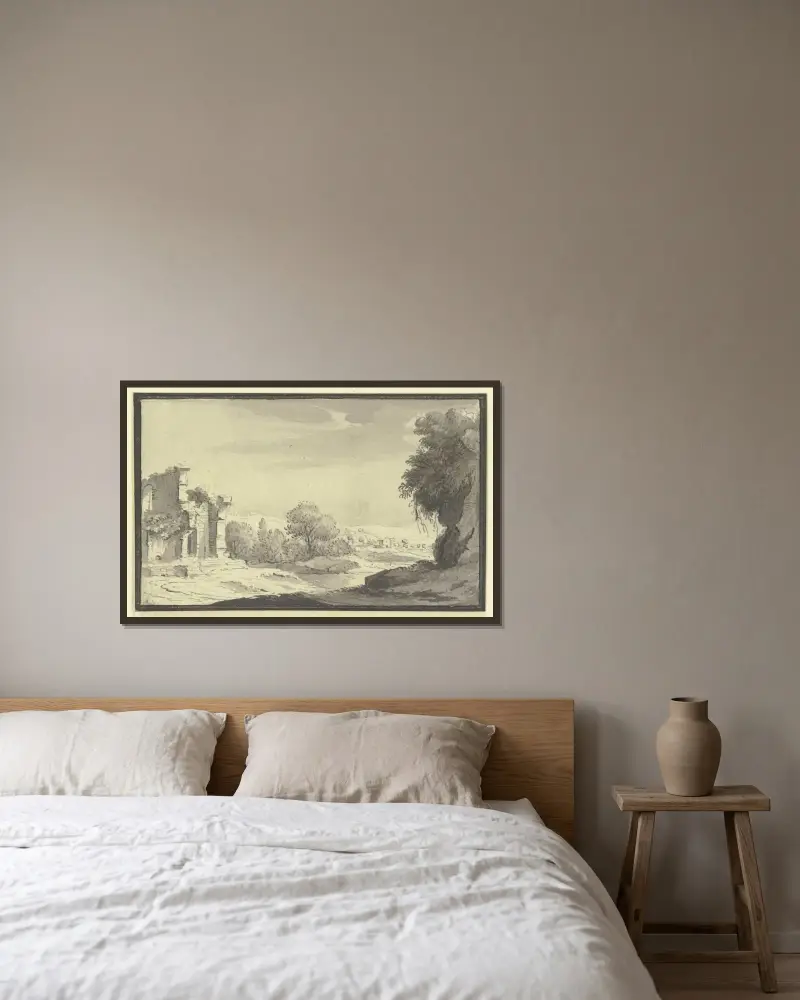 Landskap med ruin i förgrunden till vänster av Johann Ludwig Aberli inramad på en vägg