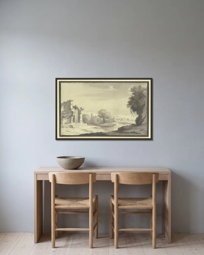 Landskap med ruin i förgrunden till vänster av Johann Ludwig Aberli inramad på en vägg