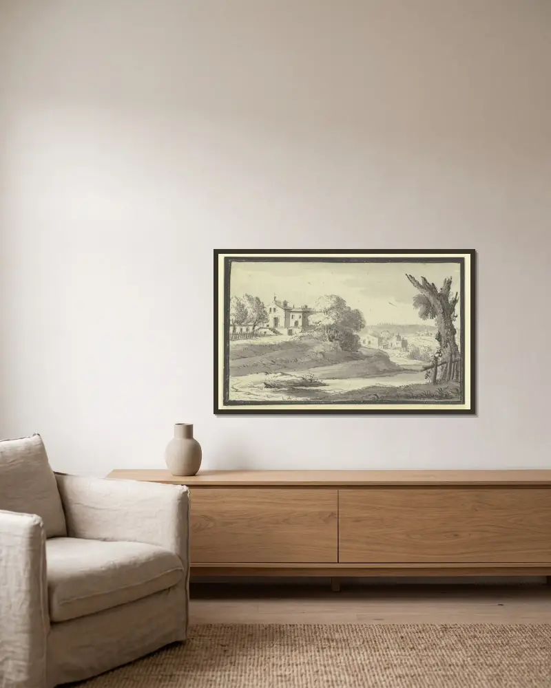 Landskap med hus på en kulle vid vattnet av Johann Ludwig Aberli inramad på en vägg