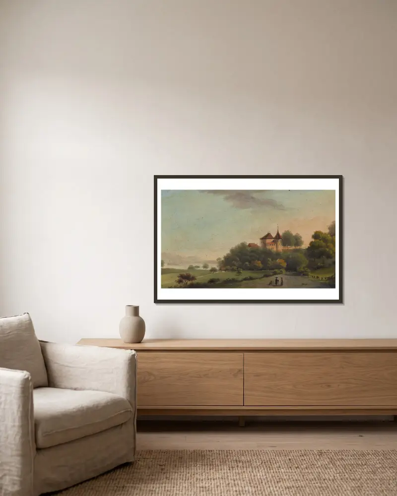 Le Chateau de Cerlier av Johann Ludwig Aberli inramad på en vägg