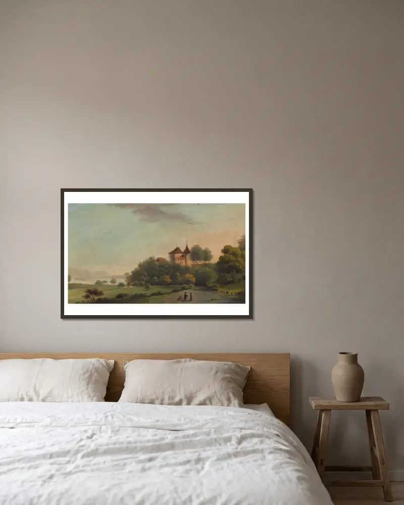 Le Chateau de Cerlier av Johann Ludwig Aberli inramad på en vägg