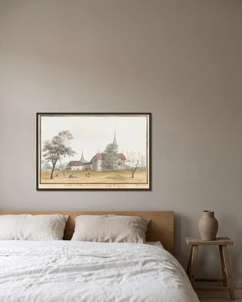 Neue Schlösser der Baronie von Belpp; Westseite von Johann Ludwig Aberli gerahmt an einer Wand