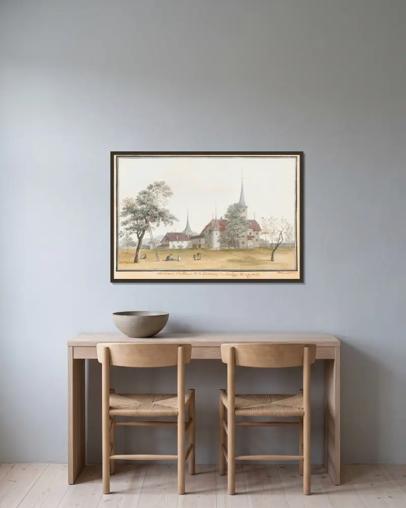 Neue Schlösser der Baronie von Belpp; Westseite von Johann Ludwig Aberli gerahmt an einer Wand