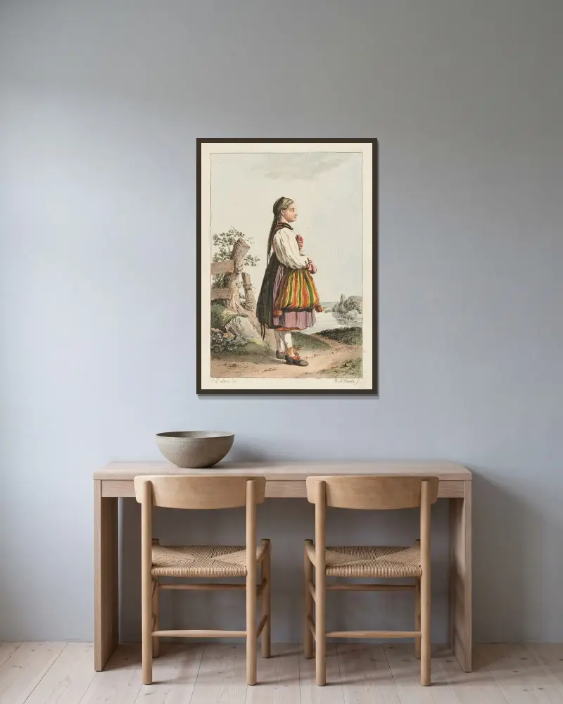 Bondkvinna från Ärgöw av Johann Ludwig Aberli inramad på en vägg