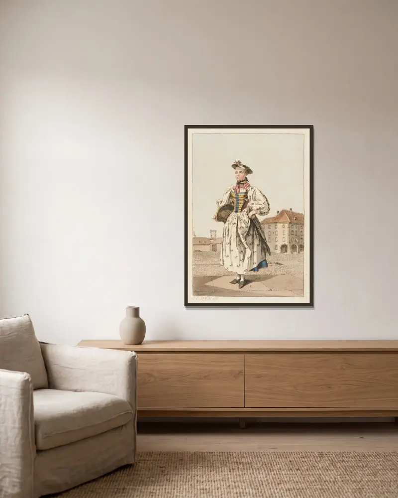 Bondflicka i Bern av Johann Ludwig Aberli inramad på en vägg