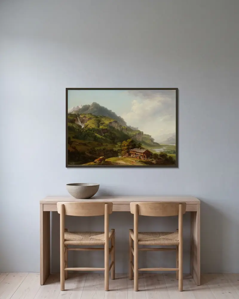 Oberhaslidalen av Johann Ludwig Aberli inramad på en vägg