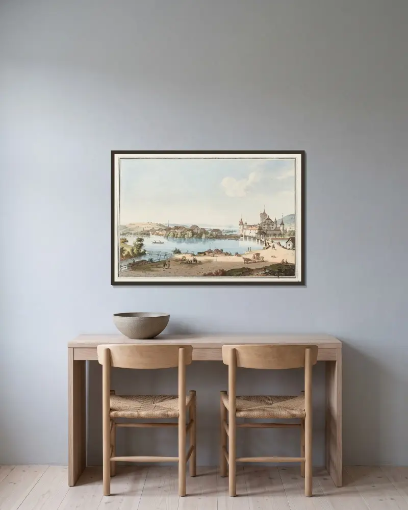 Vy av Nidau och Bielsjön av Johann Ludwig Aberli inramad på en vägg