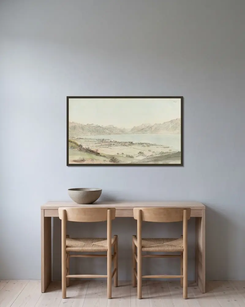 Vy av Vevey av Johann Ludwig Aberli inramad på en vägg