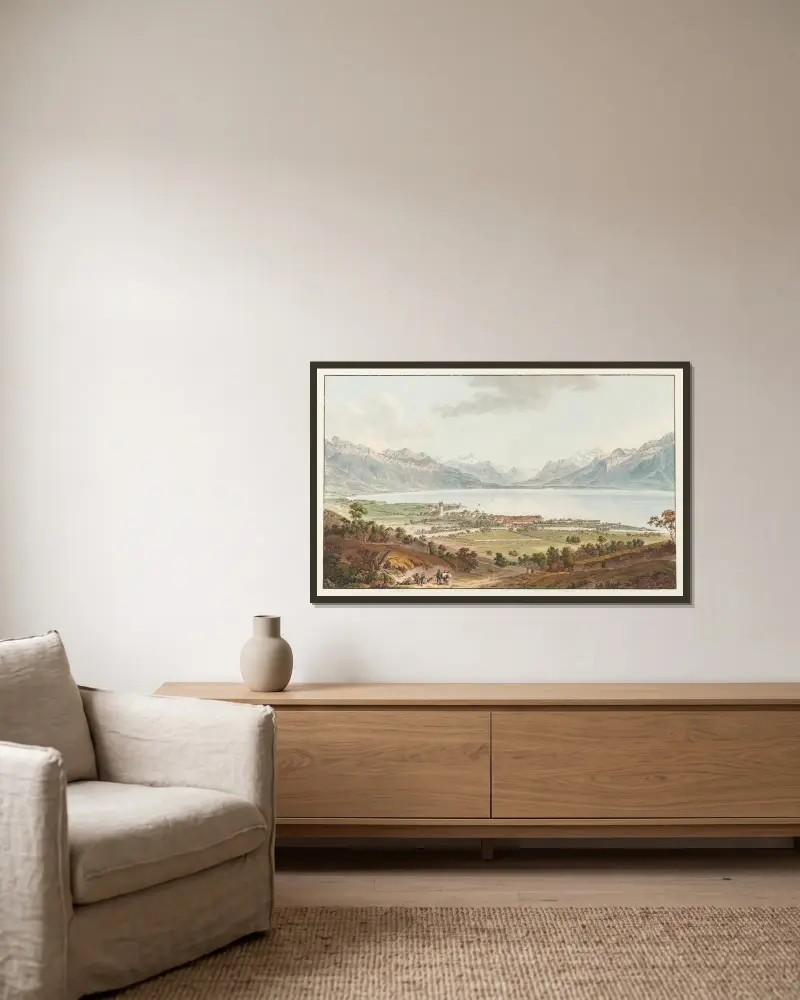 Utsikt över Vevey av Johann Ludwig Aberli inramad på en vägg