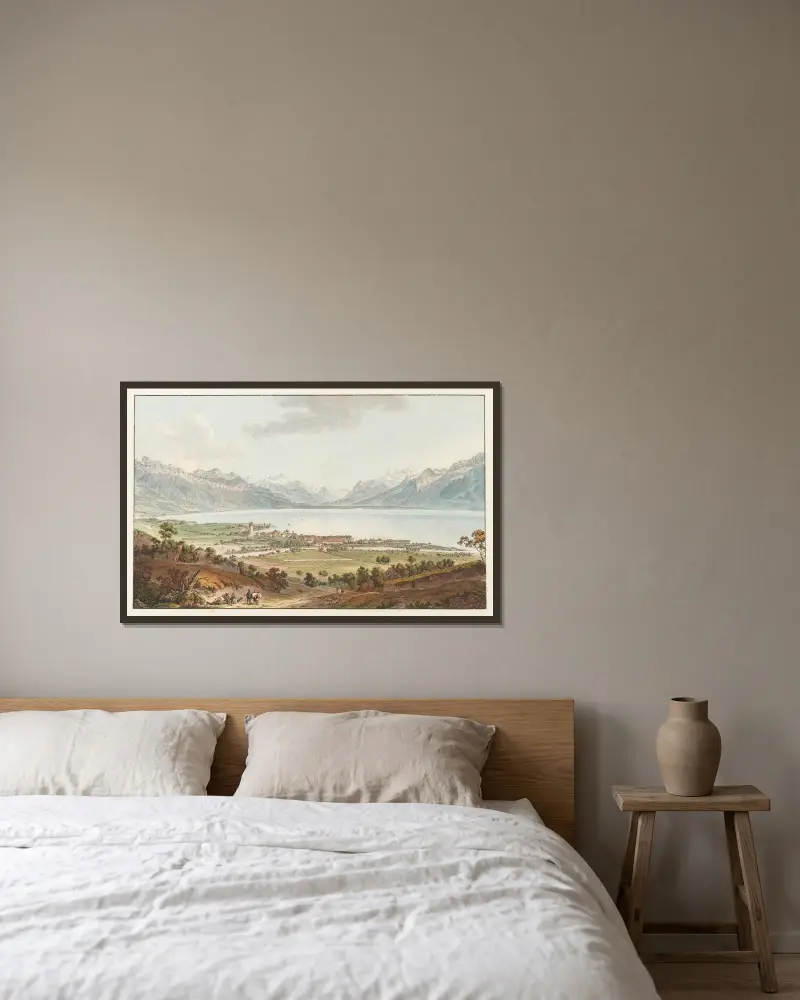 Utsikt över Vevey av Johann Ludwig Aberli inramad på en vägg