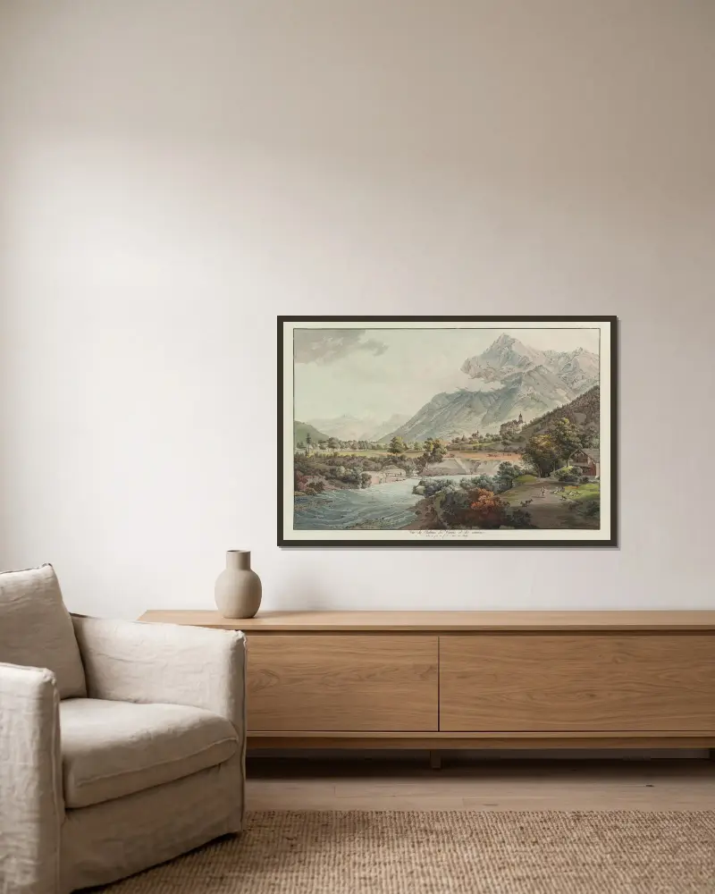 Vûe du Chateau de Wimmis et des environs av Johann Ludwig Aberli inramad på en vägg