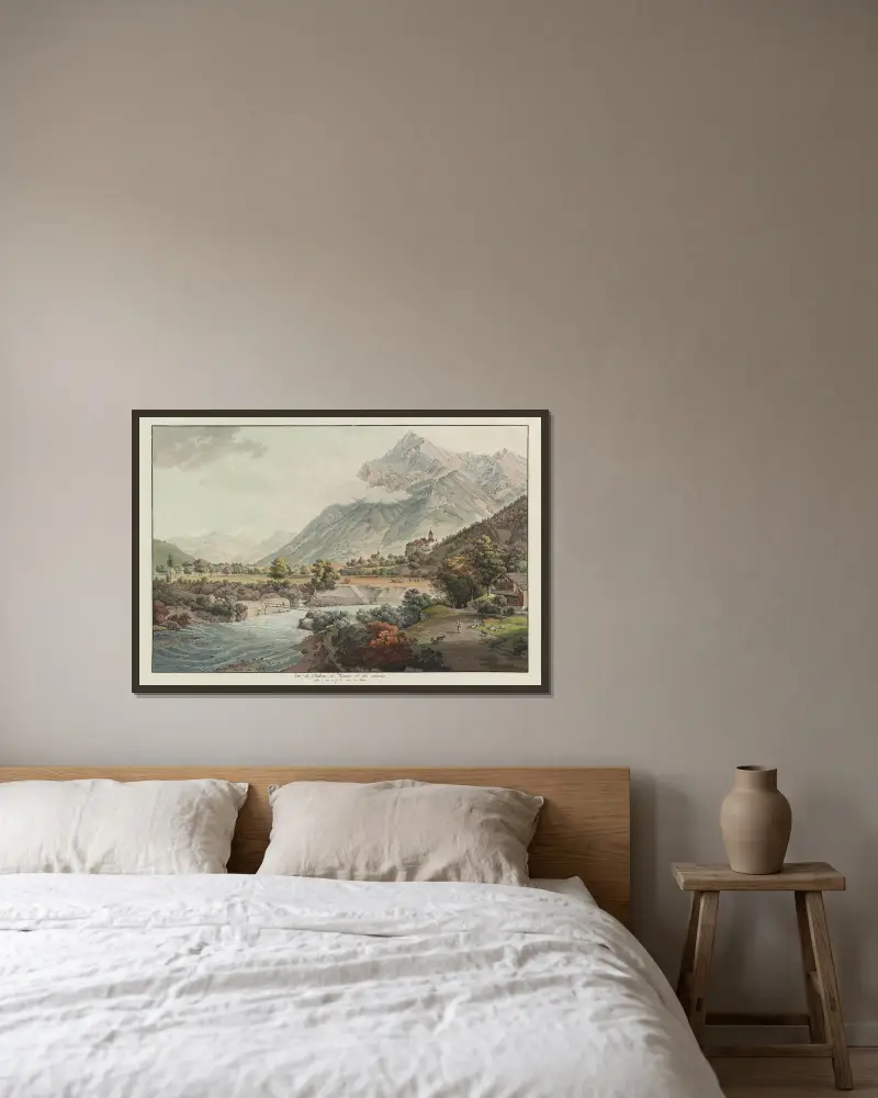 Vûe du Chateau de Wimmis et des environs av Johann Ludwig Aberli inramad på en vägg