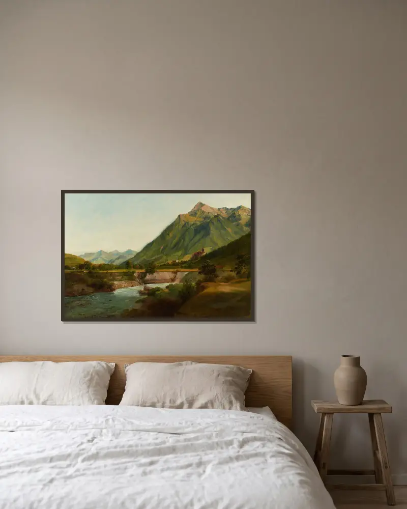 Vue du Château de Wimmis et des environs av Johann Ludwig Aberli inramad på en vägg