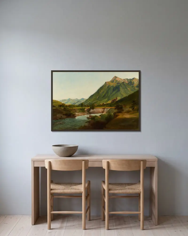 Vue du Château de Wimmis et des environs av Johann Ludwig Aberli inramad på en vägg