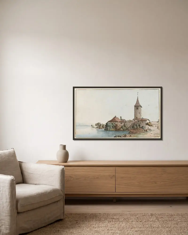 Vy över Ouchys slott nära Lausanne av Johann Ludwig Aberli inramad på en vägg