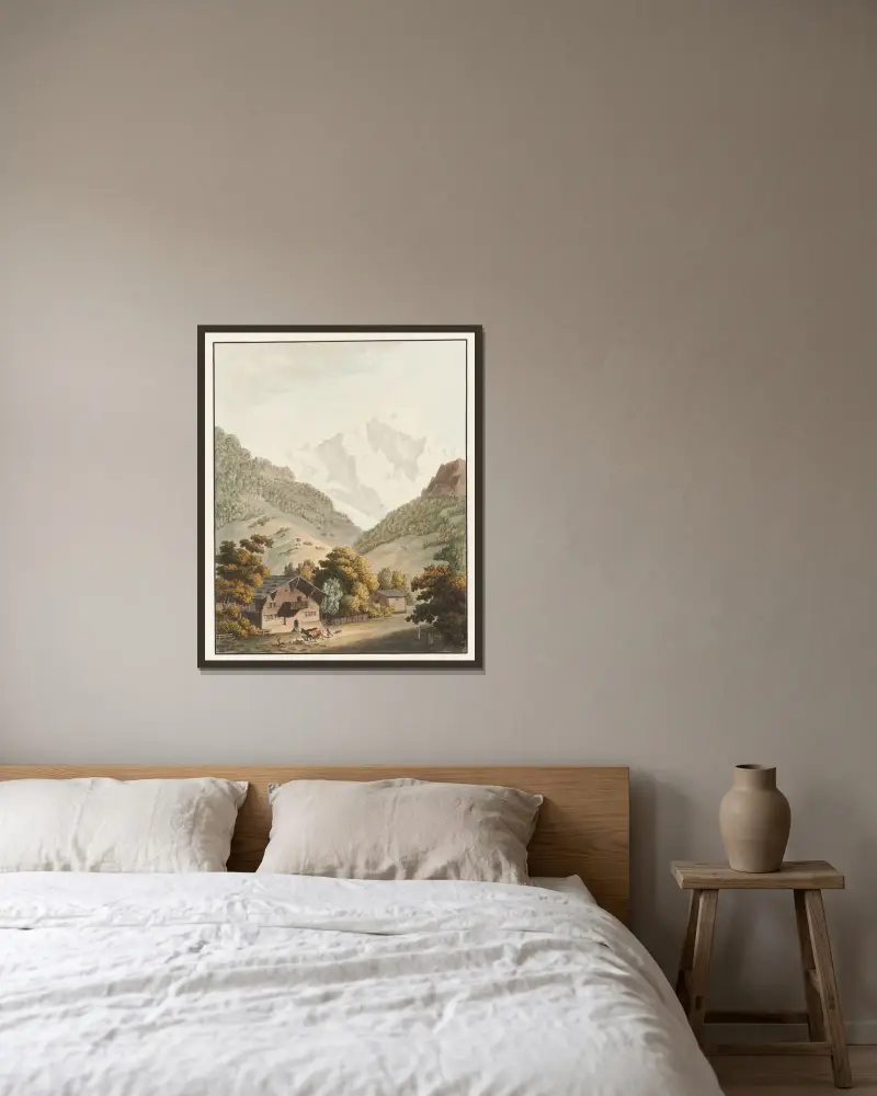 Utsikt mot Jungfrau-Horn (Jungfruns topp) av Johann Ludwig Aberli inramad på en vägg