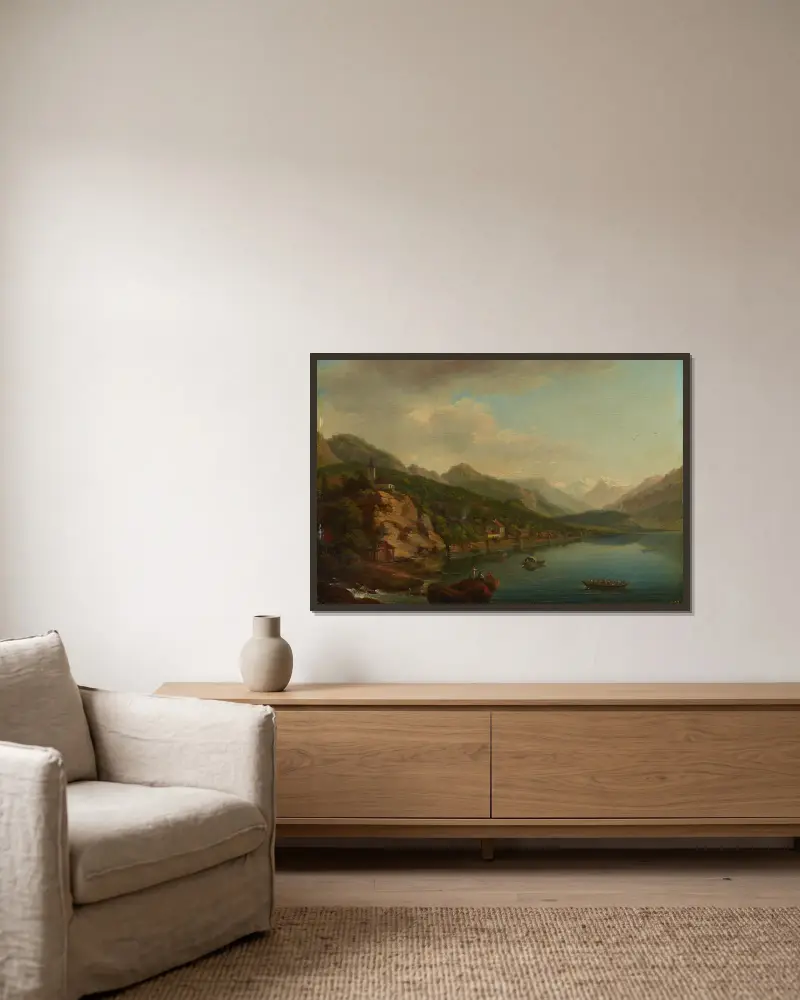 Blick auf das Dorf und den See von Brienz von Johann Ludwig Aberli gerahmt an einer Wand