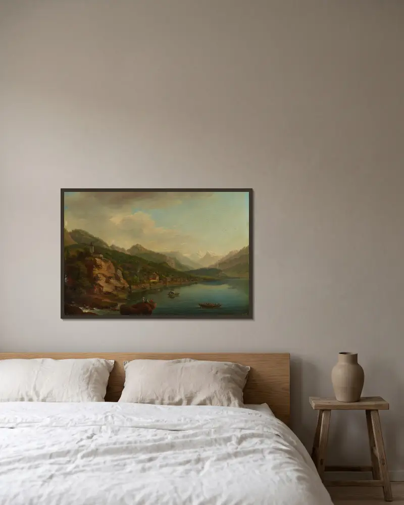 Blick auf das Dorf und den See von Brienz von Johann Ludwig Aberli gerahmt an einer Wand