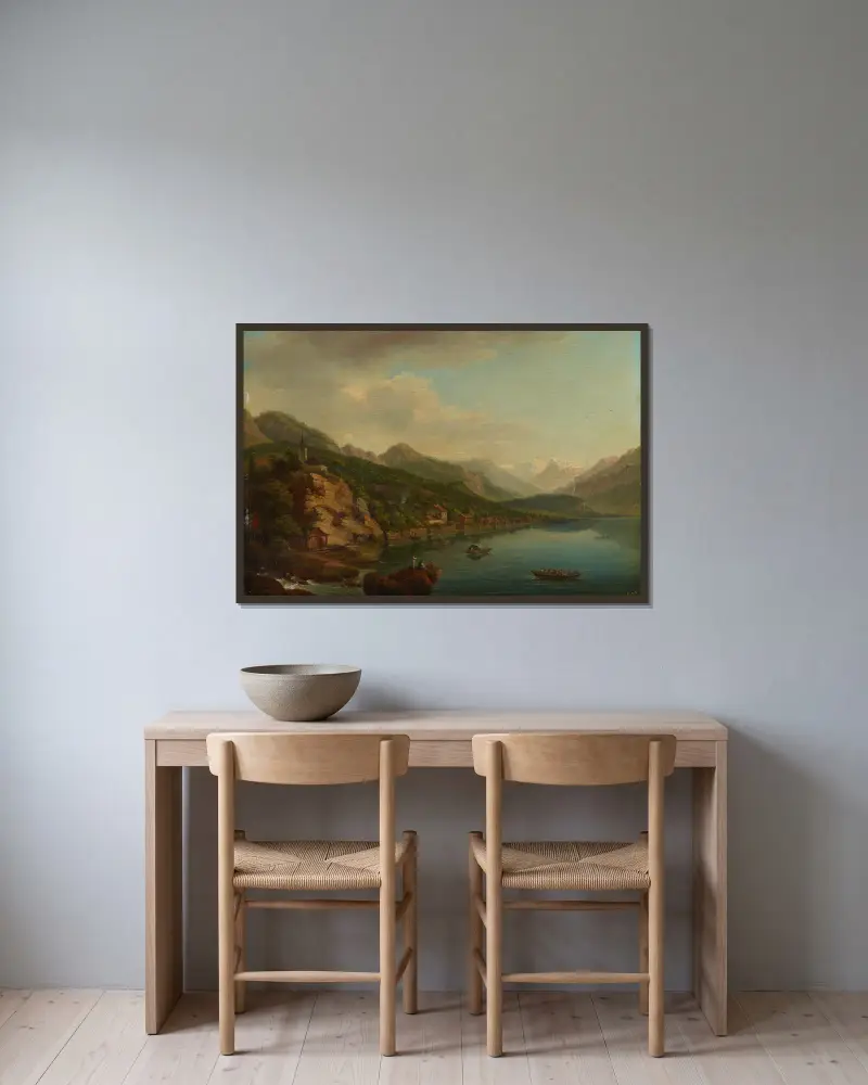 Blick auf das Dorf und den See von Brienz von Johann Ludwig Aberli gerahmt an einer Wand