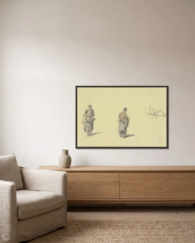 Zwei Ansichten einer stillenden Frau von Johann Ludwig Aberli gerahmt an einer Wand