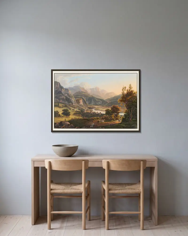Omgivningarna kring Thusis och utsikt mot Piz Beverin av Johann Ludwig Bleuler inramad på en vägg