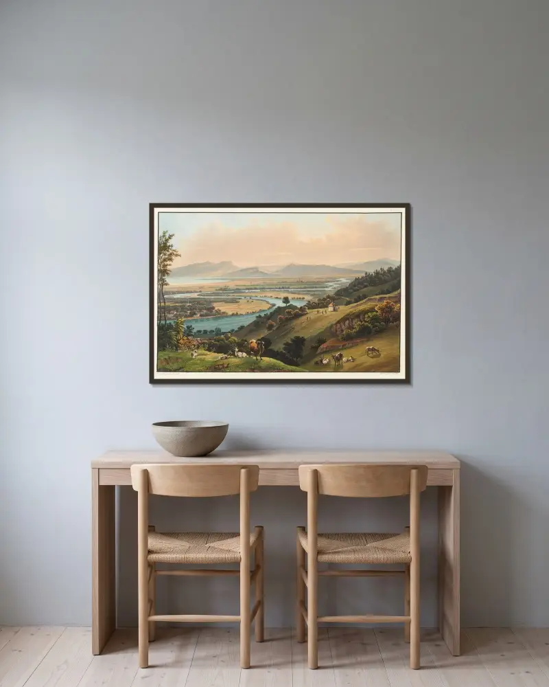 Rhens lopp genom dess dalgång med vy över Bodensjön av Johann Ludwig Bleuler inramad på en vägg