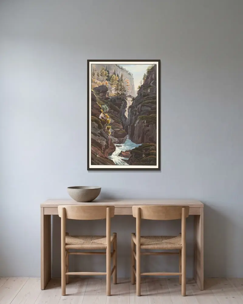 Bron mitt på Via Mala av Johann Ludwig Bleuler inramad på en vägg